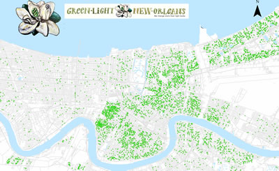 Map of homes that received free CFL light bulbs by Green Light New Orleans